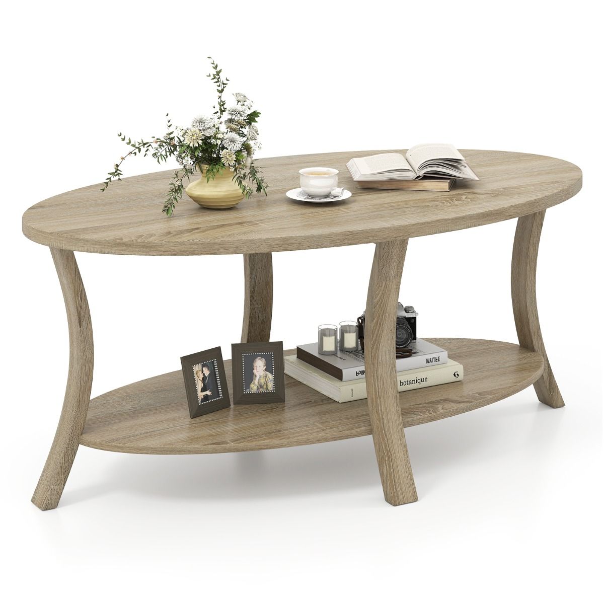 Coast Ovale Salontafel - 2-laags met opbergruimte - rubberhout en eikenlook - grijs - 111 x 60,5 x 47 cm