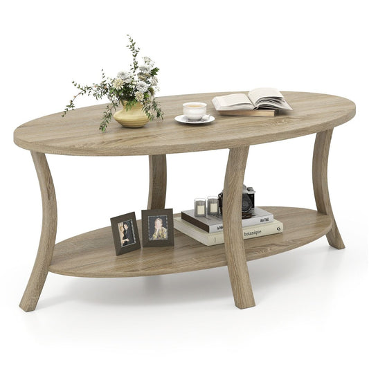 Coast Ovale Salontafel - 2-laags met opbergruimte - rubberhout en eikenlook - grijs - 111 x 60,5 x 47 cm