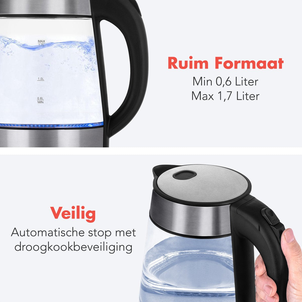 KitchenBrothers Waterkoker - 1.7L - Glas - BPA vrij - 2200W - 24.51x16.04x22.70 cm - Glas|Zonder temperatuurregeling