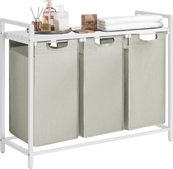 O'DADDY® Wasmand 3 Vakken - Uitschuifbare Wassorteerder met Plank - 114 Liter - 92,5 x 33 x 71 cm - Verstelbare Pootjes - Makkelijk te Monteren - Veelzijdig en Stijlvol Metaal - Wit