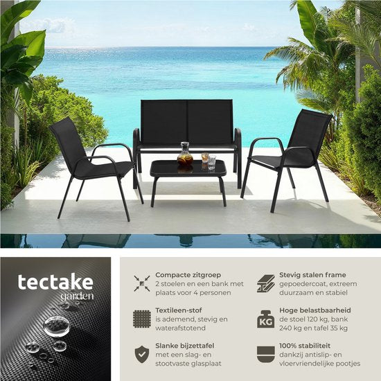 tectake® Tuinset Nora - Moderne Zitgroep voor 4 Personen - Loungeset met Tuinbank en 2 Tuinstoelen van Ademend, Waterafstotend Textileen-Weefsel - Balkonset Met Bijzettafel - Zwart
