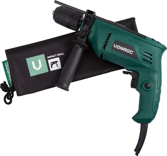 VONROC Klopboormachine – 500W – Snelspanboorkop – Incl. zijhandgreep, diepte aanslag & opbergtas