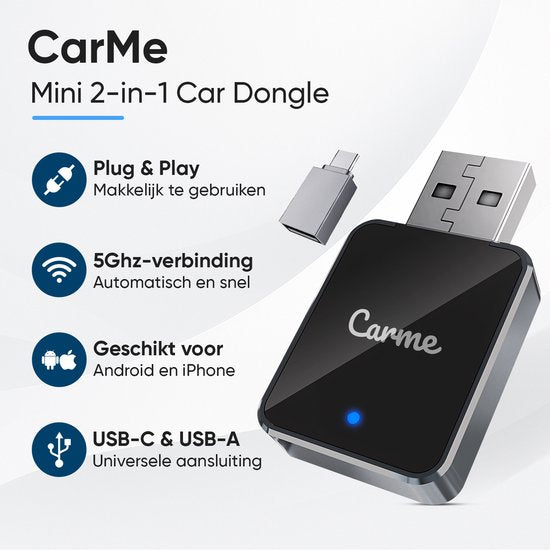 CarMe Mini 2-in-1 CarPlay Dongle V2 - Draadloos CarPlay & Android Auto - USB-A & USB-C - Android Auto Dongle - Zwart