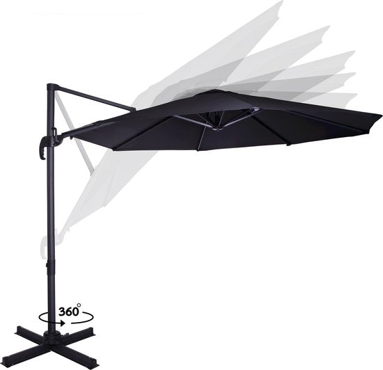 VONROC Premium Zweefparasol Bardolino Ø300cm – Incl. kruisvoet & beschermhoes – Ronde parasol – 360 ° Draaibaar - Kantelbaar – UV werend doek - Zwart