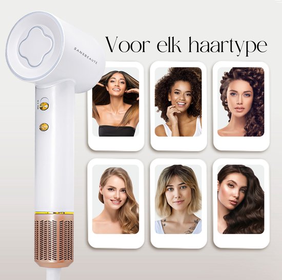 Sansbeauté® Föhn met Diffuser – Krullen – 110.000RPM - Ionische Haardroger met Borstel - 3 Standen - 3 Opzetstukken – Reisföhn - Coolshot – Haarföhn met Diffuser – Hair Dryer - 2000W - EssentiaPRO®