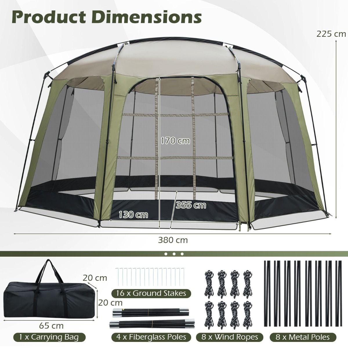 Coast Campingtent met Muskietennet - Opvouwbare Tuintent voor 6 tot 8 Personen - 380 x 355 x 225 cm - Groen/Zwart