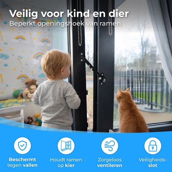 Nuvance Raamuitzetter - Raamvastzetter - Kierstandhouder - Windhaak - 5 Standen - Raamslot - Windhaak - Kinderslot - Zwart