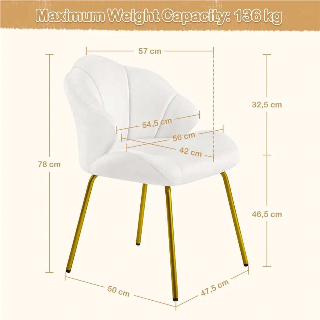 Yaheetech Eetkamerstoel 56 x 57 x 78 cm - Wit - Gestoffeerde Schelpstoel met Metalen Poten