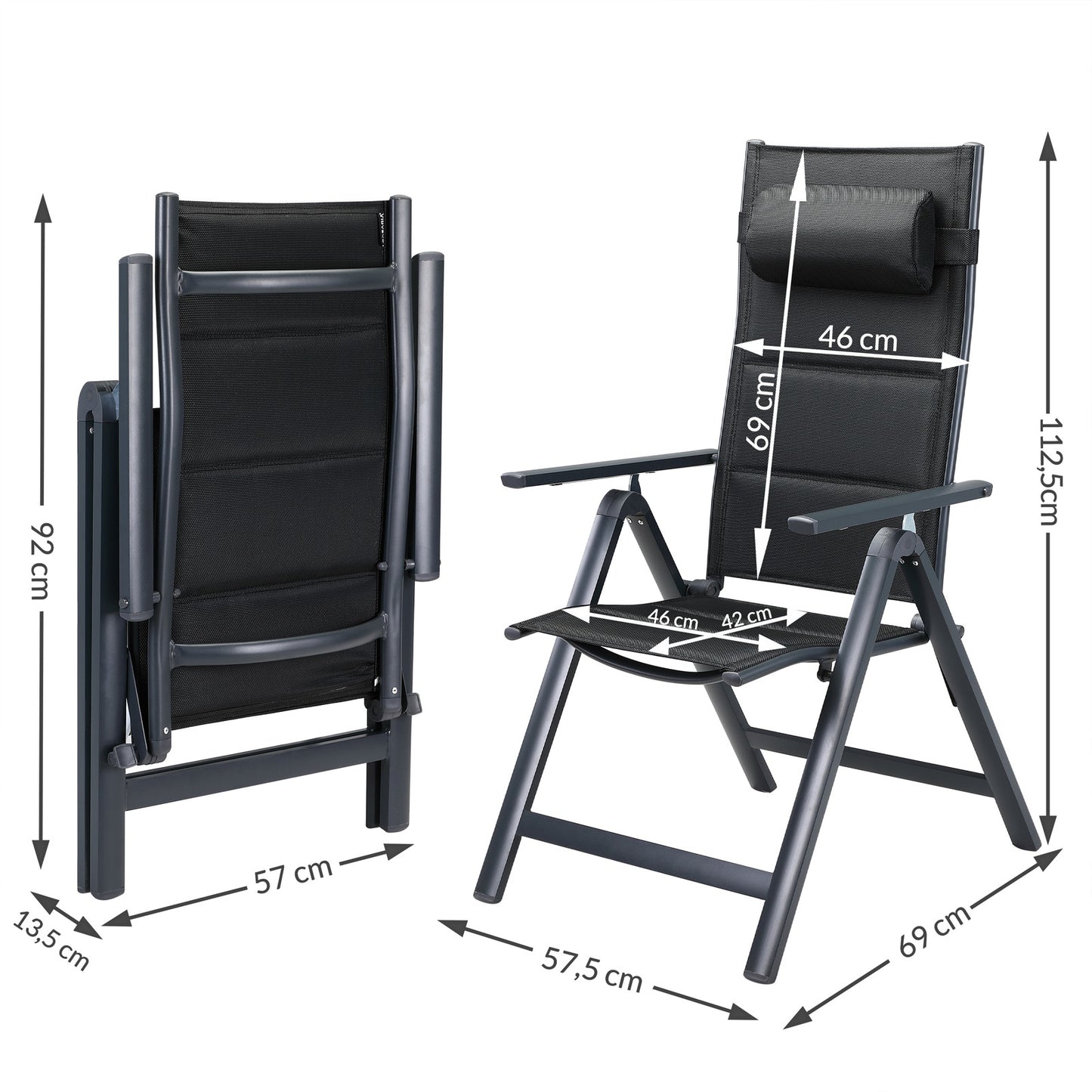 Casaria Tuinstoel Set van 2 - Aluminium Inklapbaar 7 Standen - Antraciet