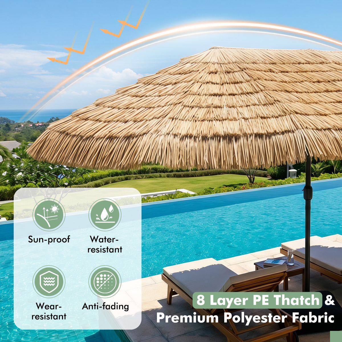 Coast Dubbele Stroparasol - tropische Hawaiiaanse stijl - zonder lamp, zonder parasolhouder - 450 x 270 cm - naturel