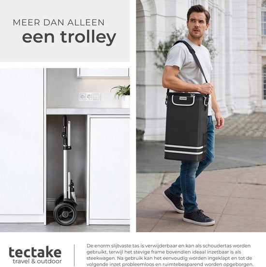 tectake® 3-in-1 Boodschappentrolley met Koelvak - Opvouwbaar - 56L Inhoud - Boodschappenwagen - Boodschappenkar - Ook als Steekwagen en Boodschappentas - Met Sleutelhanger en Winkelwagenmunt - Zwart