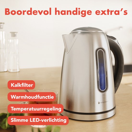 KitchenBrothers Waterkoker - Met Temperatuurregeling - Elektrisch - Met Kalkfilter - 1,7L - RVS