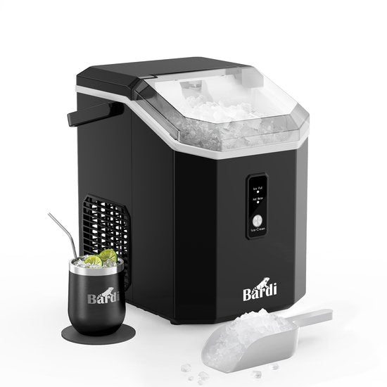 Bardi 1.1L - Nugget Ice Machine Square - Crushed Ice Maker met IJslepel - 15kg/24 uur - IJsblokjesmaker - Met Luxe Thermosbeker - Zwart