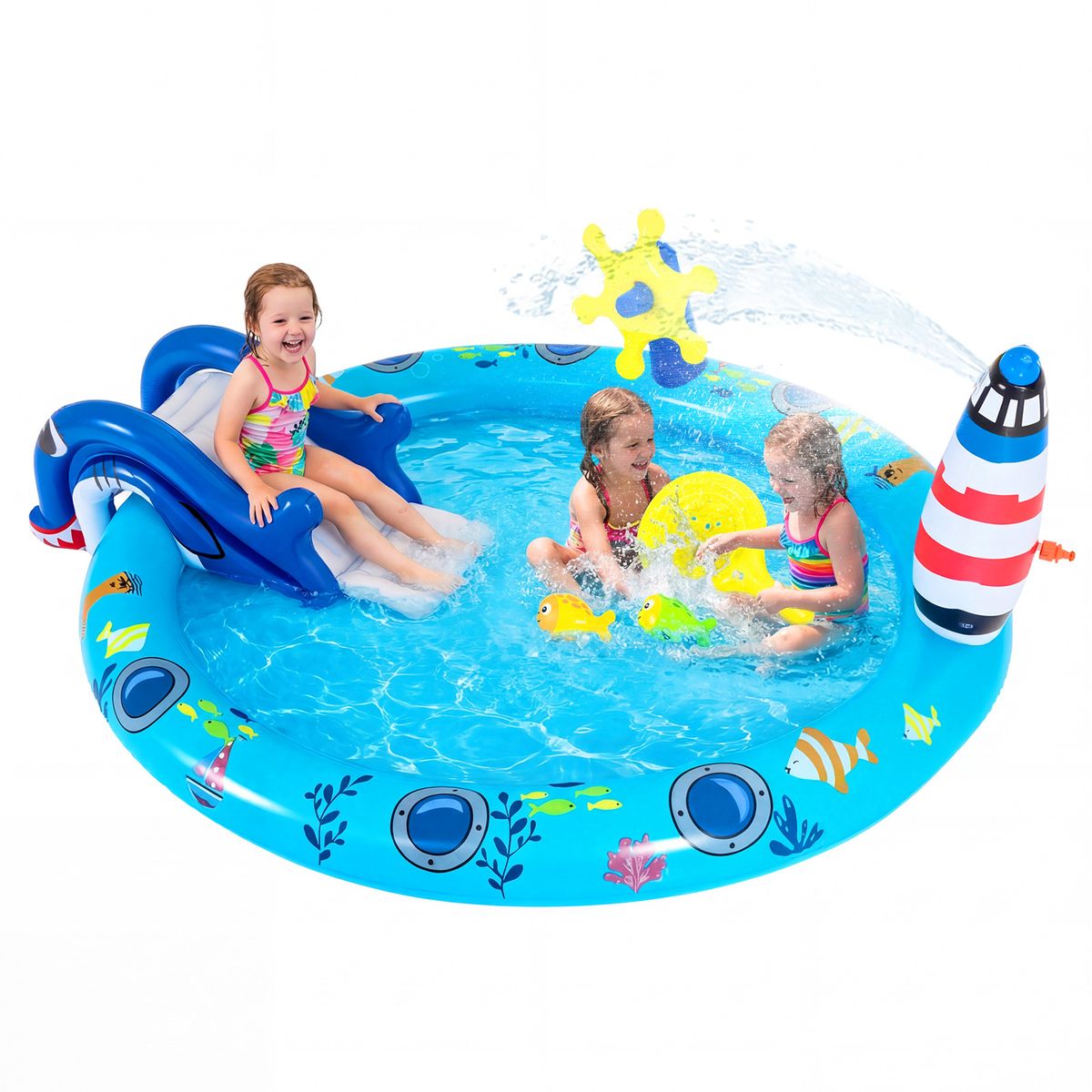 Coast Opblaasbaar Kinderzwembad - Waterspeelcentrum met zee-thema - Haai-glijbaan en sproeier - Multikleur 188 x 153 x 63 cm