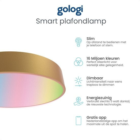 Gologi Slimme Plafondlamp – Plafondlampen – LED RGB – Plafonniere – Industrieel – Slaapkamer & Woonkamer – Ø 30cm – Goud