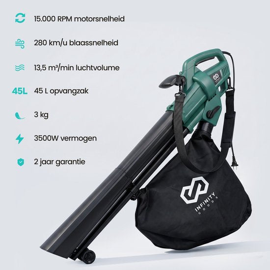 Infinity Goods Elektrische Bladblazer en Zuiger - 3500W - Versnipperfunctie - 45L Opvangzak - Op Snoer - 280 km/u Luchtsnelheid