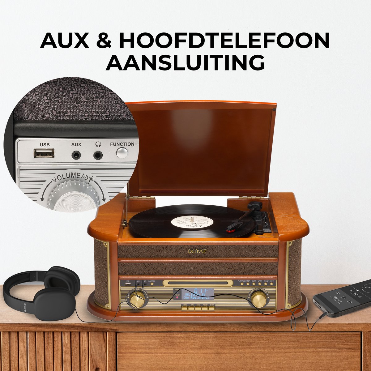 Denver Retro Platenspeler MRD51 - Hout - 24x22x12 cm - Ingebouwde Speakers & Versterker - DAB Radio - CD & Cassette