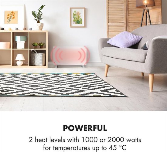Klarstein energiezuinige, elektrische verwarming voor thuis, 2000 W slimme, vrijstaande, energiezuinige convectorkachel met thermostaat, slank draagbaar design, stille verwarming, opslagverwarming en wandgemonteerde paneelverwarming