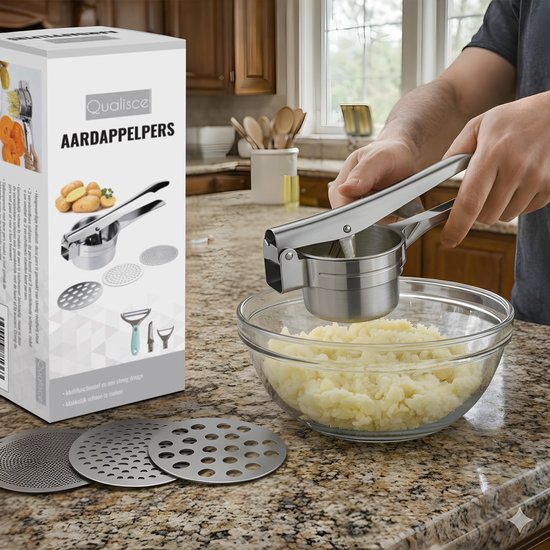 Qualisce Aardappelpers - Pureeknijper - Pureestamper - 3 Schijvige Aardappelpers - Pureerder - Inclusief multifunctionele Schiller