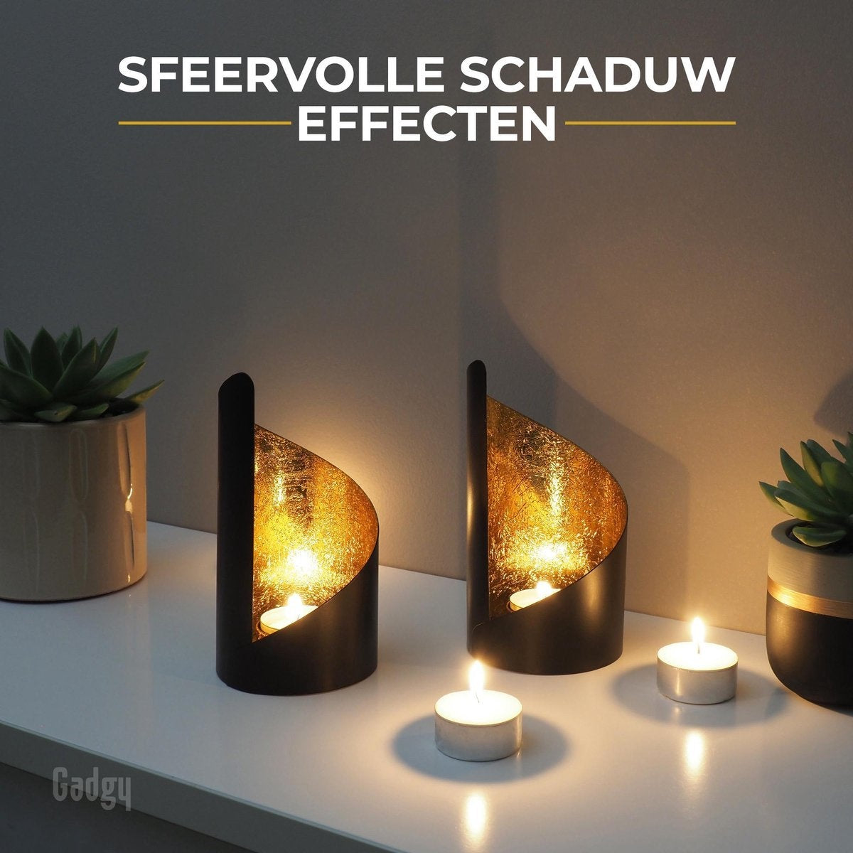 Gadgy Waxinelichthouder Twist - Set van 2 - 16 x Ø8.5 cm - Theelichthouders - Windlicht - Zwart / Goud - Metaal