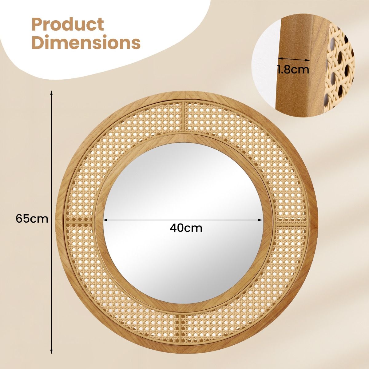 Coast Ronde Wandspiegel - Rotan Decoratie - Houten Frame - 65 cm Natuurlijk