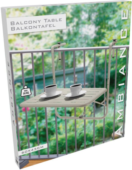 Pro Garden Balkon tafel - metaal - mat beige - 60 x 43 cm - Inklapbaar - Hoogte verstelbaar