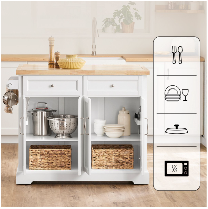 SoBuy – Keukeneiland & Keukentrolley FKW71-WN – 115x71x93 cm – Wit & Natuur Rubberwood – Uitbreidbaar Werkblad & Opbergkast – Verrijdbaar Keukenblok op Wielen – FKW71-WN
