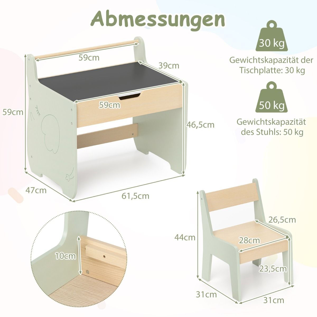 Coast 3-in-1 Kindertafelset - met omkeerbaar tafelblad en verborgen opbergruimte - groen