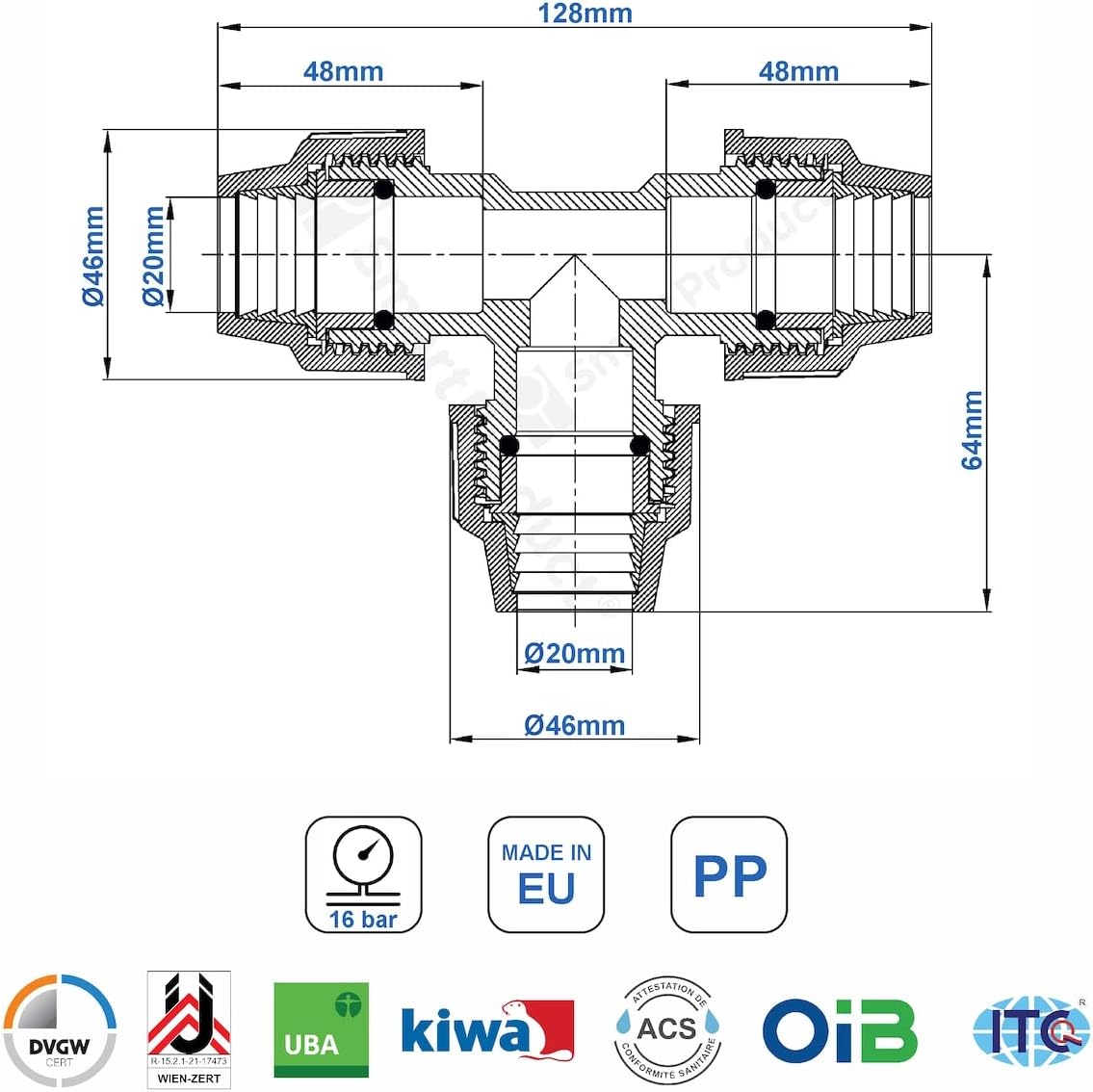 SmartProduct T-stuk 20 x 20 x 20 mm – PP klemfitting – Zwart/Blauw