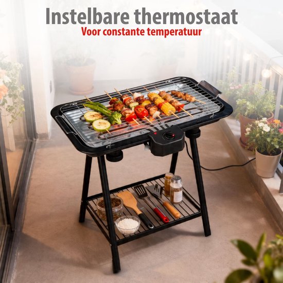 alpina Elektrische BBQ 2-In-1 2200W - Electrische BBQ Tafelmodel met Thermostaat - Elektrische Grill met Warmhoudfunctie - Tafelgrill Electrisch met Verstelbaar Rooster - 51 x 30 cm - Zwart