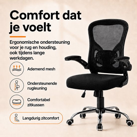 Infinity Goods Ergonomische Bureaustoel - Office Chair - 4D Lendensteun & Mesh - Opklapbare Armleuningen - Tot 150kg - NEN-EN1335 - Zwart