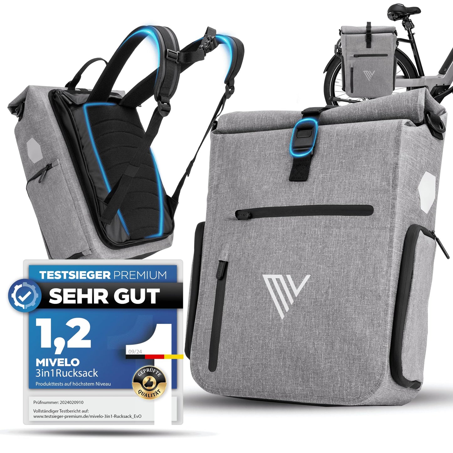 MIVELO EVO 25L 3 in 1 fietstas voor bagagedrager - rugzak en schoudertas - 100% waterdicht TPU - grijs