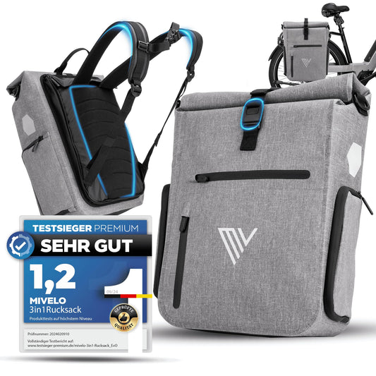 MIVELO EVO 25L 3 in 1 fietstas voor bagagedrager - rugzak en schoudertas - 100% waterdicht TPU - grijs