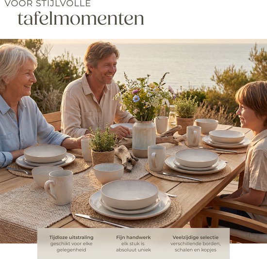 tectake® Serviesset Mare - 30-delig - Aardewerk met Glanzend Glazuur - 6 Persoons - Handgemaakt Servies - Moderne Bordenset met Grote en Kleine Borden, Kommen, Schaaltjes en Kopjes - Vaatwasser- en Magnetronbestendig - Zandkleur