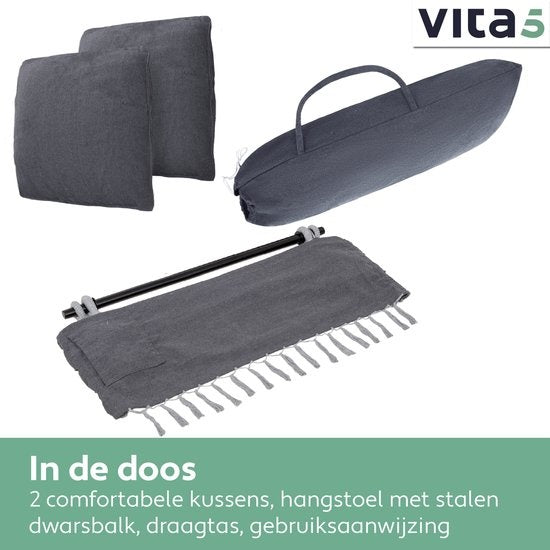 Vita5 XXL Hangstoel | Binnen&Buiten Hangnest | Incl. 2 Kussens en Boekenvak | Volwassenen&Kinderen | Hangmatstoel tot 200kg | Donkergrijs