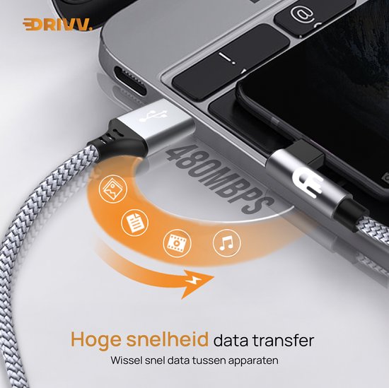 Drivv. USB naar USB C Kabel - Haaks - USB C Data en oplaadkabel - Fast Charge / Snellader - 3 Meter - Grijs