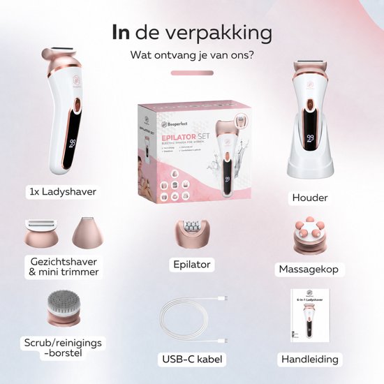 Beeperfect® 6 in 1 Epilator Voor Vrouwen - Scheerapparaat Vrouw - Bikinitrimmer - Ladyshave - Oplaadbaar - Waterdicht - 6 Opzetstukken