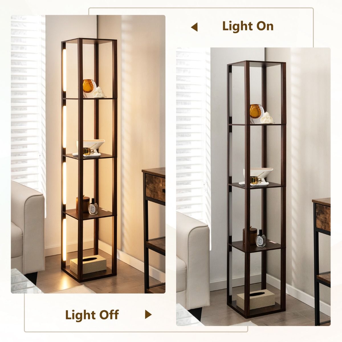 Coast Vloerlamp met Opbergrekken - 3-traps dimbare LED-verlichting - 4 planken - bruin - 163 cm