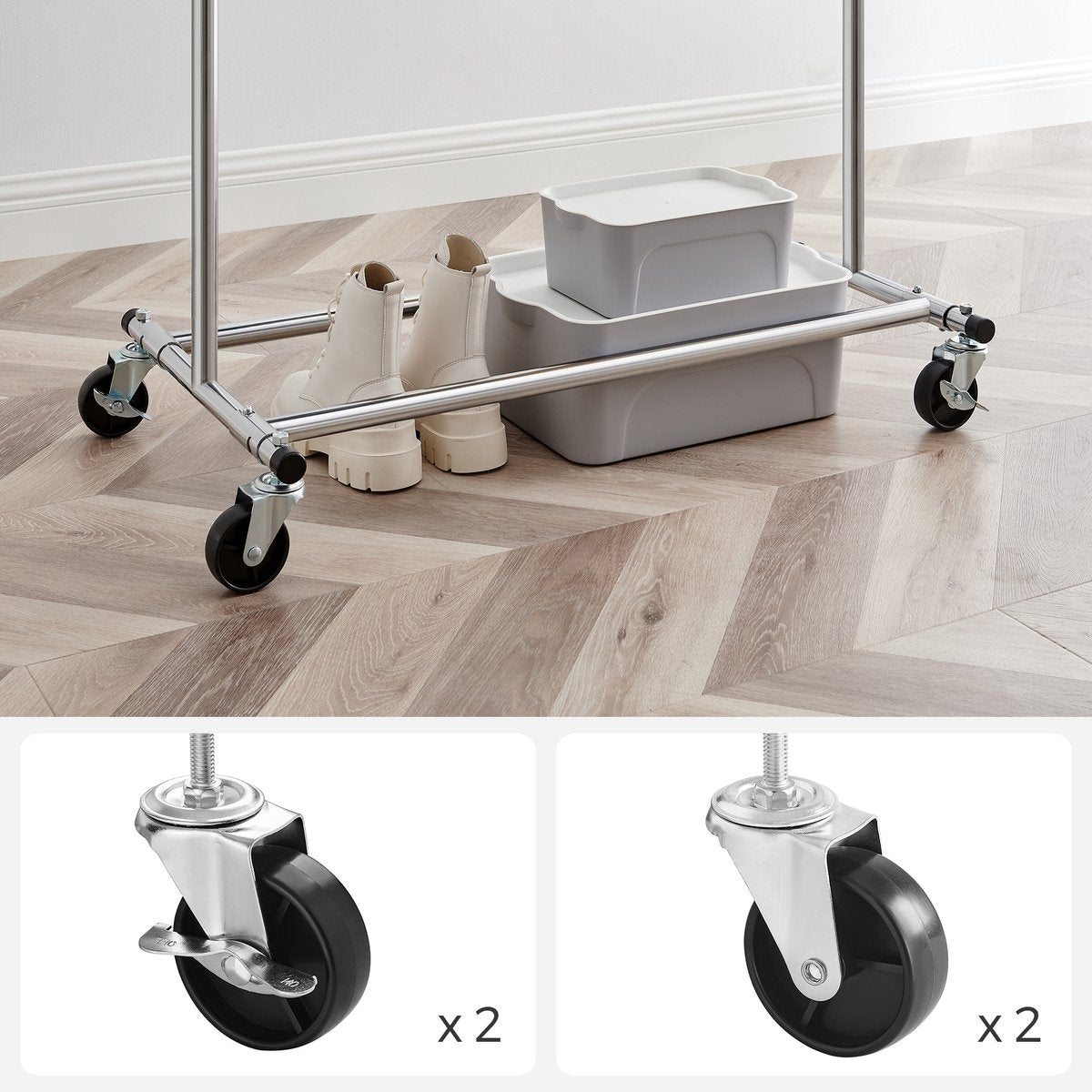 O'DADDY® Kledingrek op Wieltjes - Garderoberek - Verstelbare kledingstang - Uitschuifbare Kledingstang 92-132 cm - 90 kg Belastbaar - Metaal - Zilver