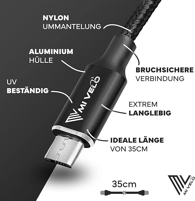 MIVELO E-Bike Displaykabel – Micro-USB naar USB-C – 40 cm – Zwart