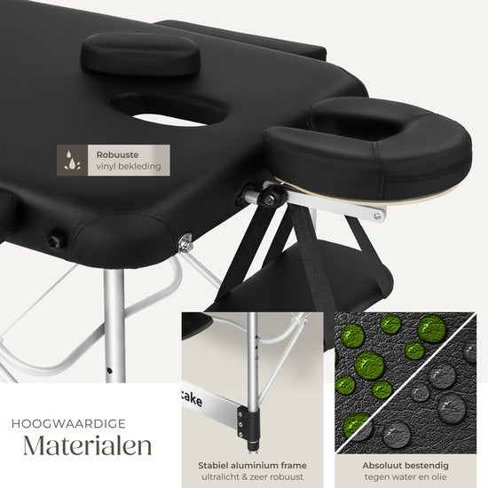 tectake® 3-Zones Massagetafel – 70cm Breed – Behandelbank met 5cm Dikke Vulling en Aluminium Frame – Inclusief 15 Hoofdsteundoekjes en Draagtas – Max Draagvermogen 230kg – Zwart