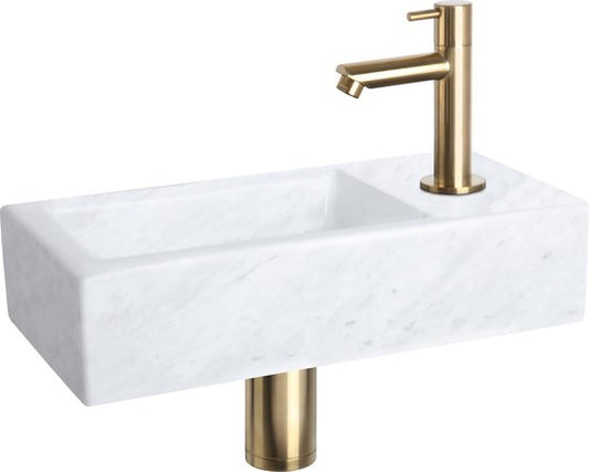 Differnz Helios fonteinset - 37,5x18,5x9,5 cm - Rechthoek - 1 kraangat - Recht matte gouden kraan - Mineraalsteen Marmer