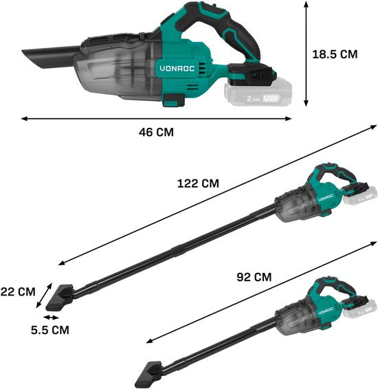 VONROC Krachtige accu steelstofzuiger – VPower 20V – Excl. accu & oplader – 0.6L opvangbak - Incl. 3 mondstukken, 2 verlengbuizen en flexibele slang