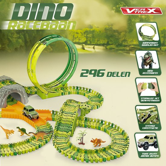 Vertrex 260-delige Dinosaurus Racebaan XXL - Dino Speelgoed - Met 2x Zelfrijdende Safari Auto