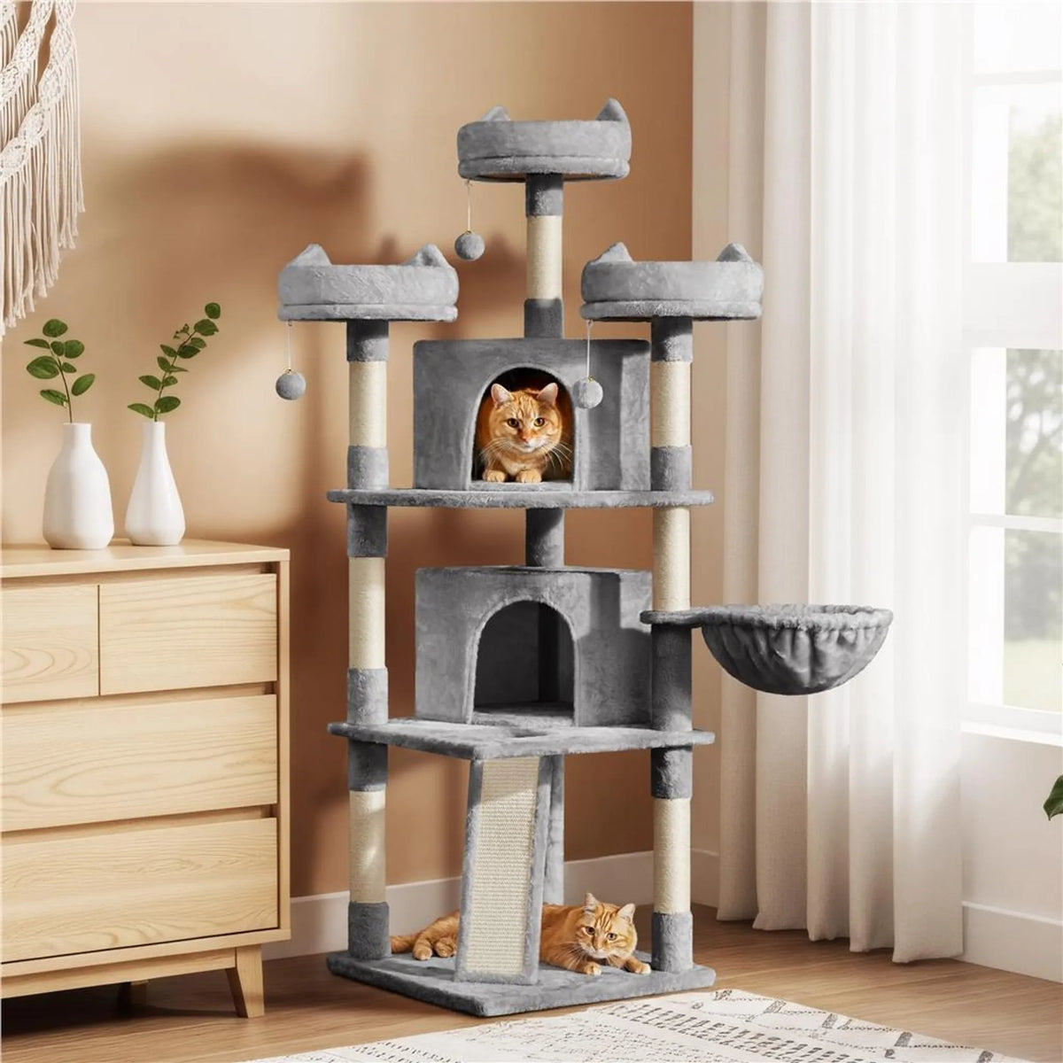 Yaheetech Krabpaal XXL Met 3 Uitkijkplatformen – Voorzien Van 2 Kattenholen En Krabplank En Anti-kantelsysteem – Voor Huishoudens Met Meerdere Katten – Lichtgrijs Pluche En Sisal – 55,5 x 55,5 x 175 cm