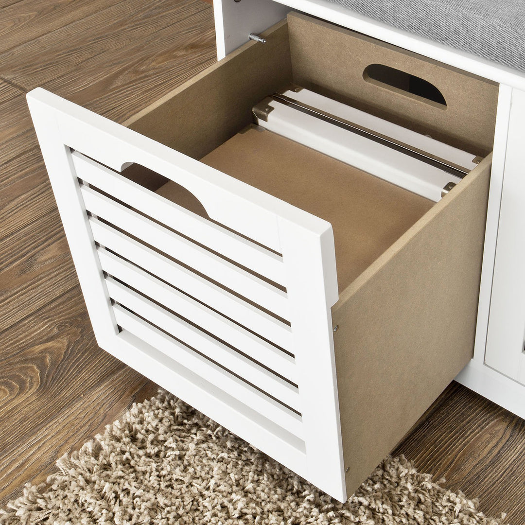 SoBuy Schoenenkast met gestoffeerd zitvlak - 3 Manden  -Landelijk - Max. 120 kg -105 x 35 x 43 cm - Wit / Grijs