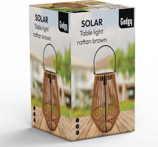 Gadgy Solar Tuinverlichting Rattan Bruin - Tuinverlichting op Zonne Energie - Solar Tafellamp met USB-aansluiting - Buitenlamp Tuinbeeld - Tuinlantaarn met Dag/Nacht Sensor - Verlichting voor Buiten - Lantaarn Tuin