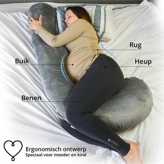 EL-Life Zwangerschapskussen XXL J-vorm - Zijslaapkussen - Lichaamskussen - Voedingskussen - Body Pillow - 155cm - Afneembare Minky Fleece Hoes - Grijs