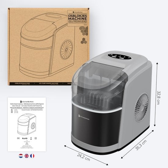 KitchenBrothers IJsblokjesmachine - 1.6L - 8 min. - 12kg/24u - Zelfreinigingsfunctie - IJsblokmaker met IJsschep - RVS