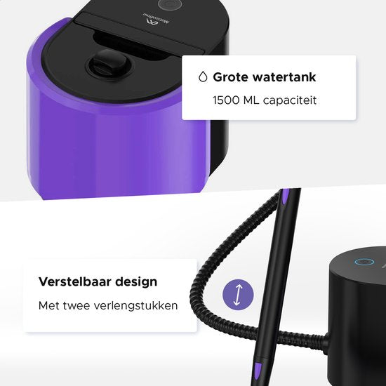 Motionflow Stoomreiniger PRO - Dieptereiniging met Verwarmingsfunctie - 1500W 1.5L Watertank - Handstomer voor Diepe Reiniging Vloer, Bank, Badkamer en Tapijt - Tapijtreiniger & Vlekkenreiniger - Zetelreiniger - Zwart